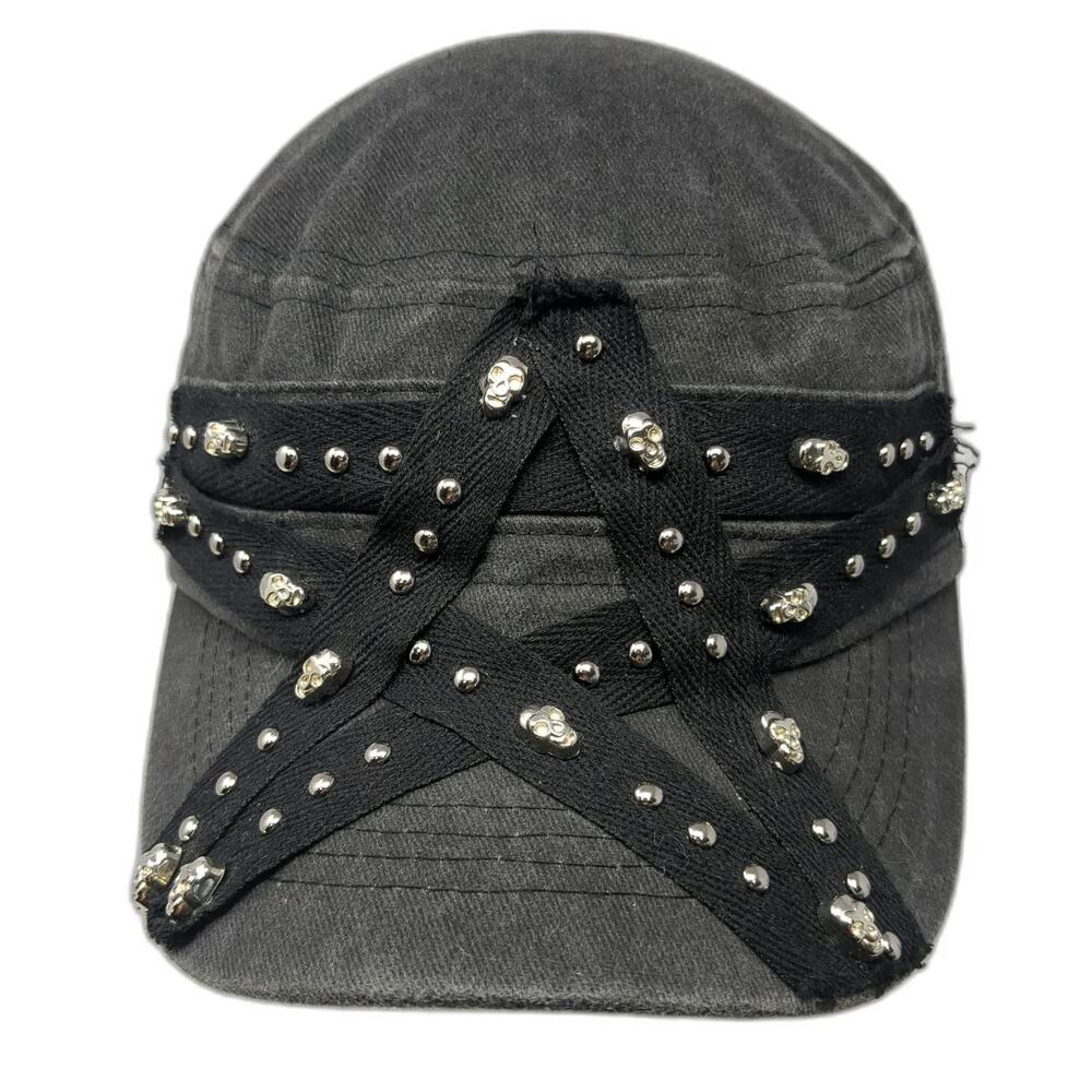 Army Cap Gray One Size Skull Studded Pentagram Silver Metal Charms Slideback Hat